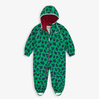 EcoSplash Waterproof Fleece Lined Puddle Suit Green. Green waterproof puddle suit with leaf and acorn pattern and red fleece lining.
